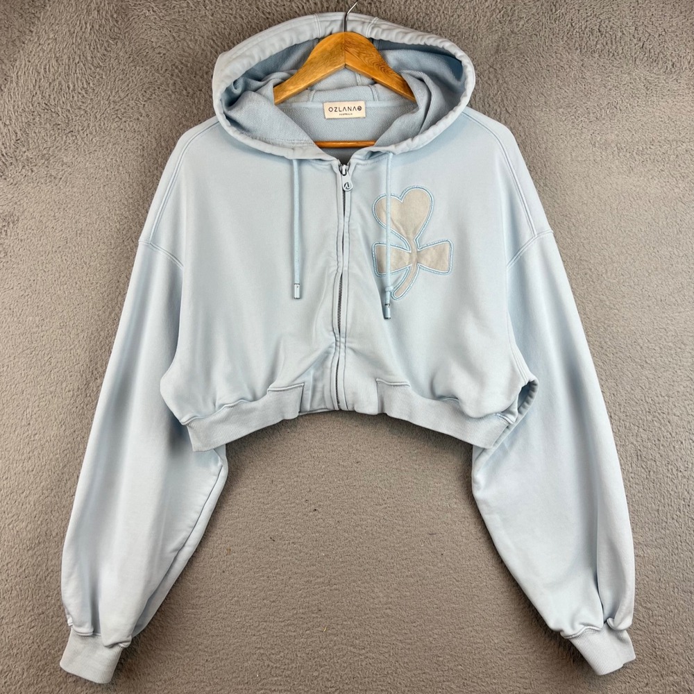 OZLANA Australia Light Blue Cropped Full Zip Hoodie Heart Clover Applique S